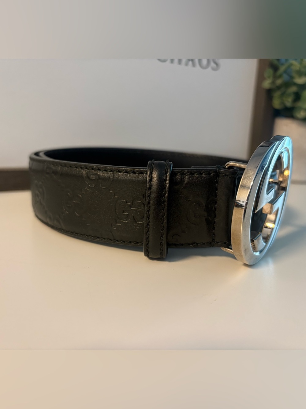 Authentic Gucci Black Guccissima Leather Silver Interlocking G Buckle Belt - Picture 4 of 11